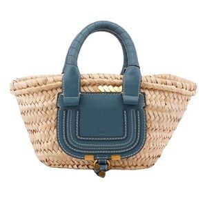 100% Authentic Chloé Marcie very Rare Straw/Leather handbag Blue Leather Handle